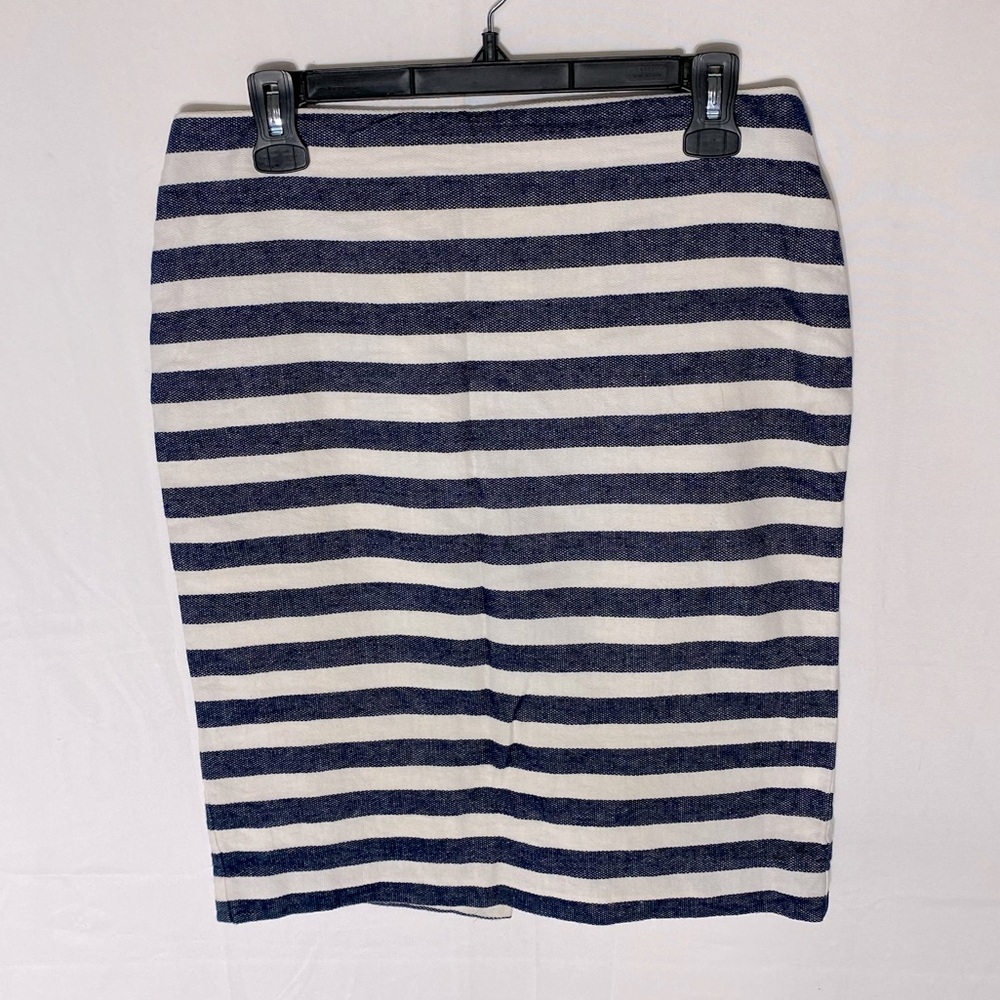 Ann Taylor Navy Blue Cream Striped Cotton Linen Pencil Skirt 4